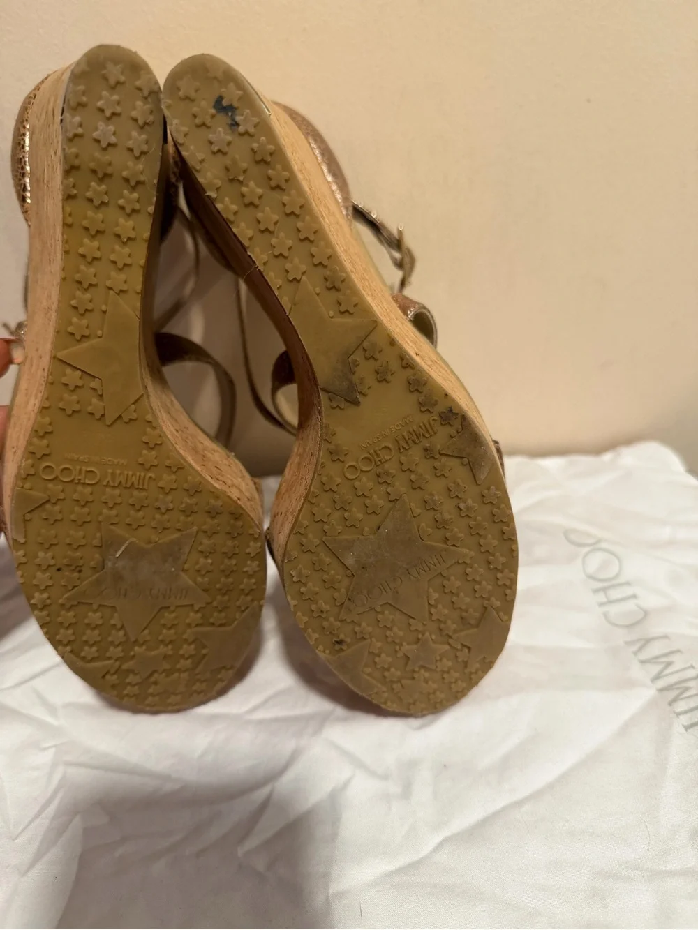 Jimmy Choo Metallic Gold Cork Wedge Sandals